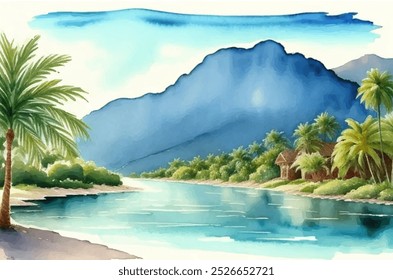 Watercolor Island River And Palm Trees , Vector Illustration