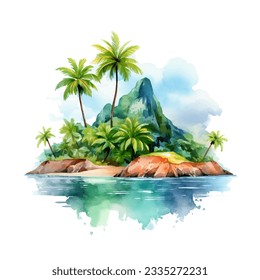 watercolor island river and palm vignette, suluboya ada nehir ve palmiye vinyet