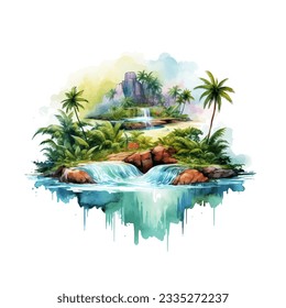 watercolor island river and palm vignette, suluboya ada nehir ve palmiye vinyet