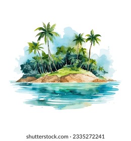 watercolor island river and palm vignette, suluboya ada nehir ve palmiye vinyet