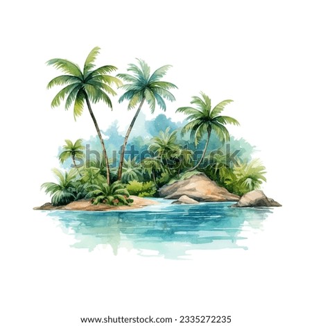 watercolor island river and palm vignette, suluboya ada nehir ve palmiye vinyet