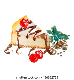Watercolor isolated yellow cheesecake with cherry and mint