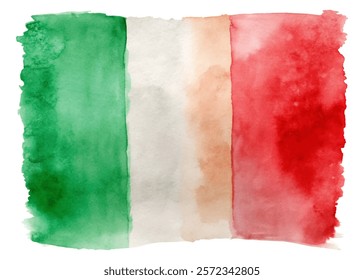 Watercolor Italian flag, vibrant colors, artistic style, national pride, cultural representation, decorative design.