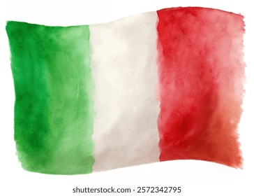 Watercolor Italian flag, vibrant green, white, red colors, artistic representation, national symbol, cultural heritage.