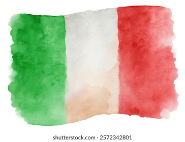 Watercolor Italian flag, vibrant green, white, red colors, artistic representation, patriotic symbol, cultural heritage.