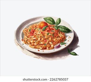 Watercolor italian pasta with basil and onion in white background