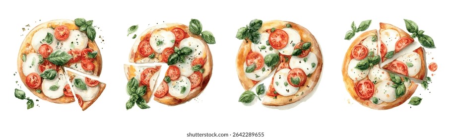 Watercolor Italian pizza Margherita. Fragrant pizza with a golden crust with slices of mozzarella, tomatoes and decorated with basil. Elements of Italian cuisine for restaurant. Mediterranean mood.