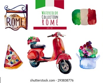 Watercolor Italy Rome  set. Vector hand draw elements: pizza, flower pot, bar sign, Flag of Italy.  