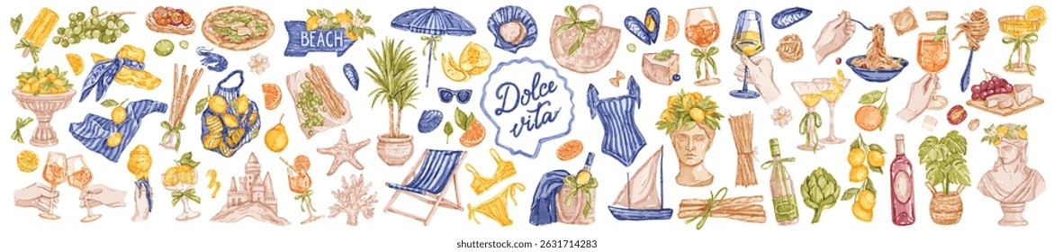 Watercolor Italy summer vacation illustration, hand drawn mediterranean travel beach sticker set. Vector Italian traditional food print, Amalfi coastal aesthetic print, hand, wine glass. Italy summer