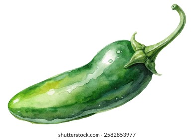 Watercolor jalapeno pepper, vibrant green color, fresh vegetable illustration, culinary art, food design.