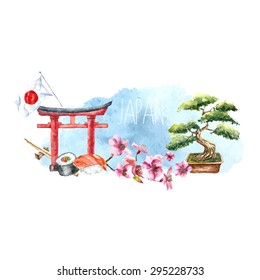 Watercolor Japan banner.Label with hand drawn elements: Torii gate, bonsai tree, cherry blossom branch, sushi roll,chopstick and Japan flag. Japan capital signs.Vector illustration.