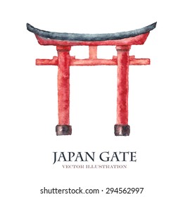 Watercolor Japan gate isolated on white background. Hand draw torii gate, japanese gate. Vector illustrations.