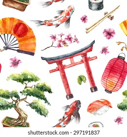 Watercolor Japan pattern. Seamless texture with hand drawn elements: Torii gate,bonsai,koi fish,sakura,japanese fan and lantern,sushi and chopstick. Vector illustration