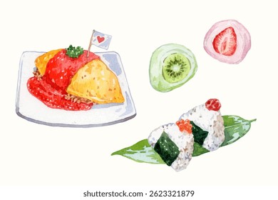 Watercolor Japanese food elements collection