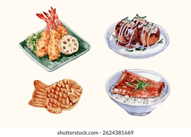 Watercolor Japanese food elements collection