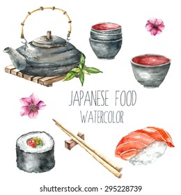 Watercolor Japanese food. Hand painted food objects: teapot and cups, sushi, roll and chopsticks. Vector illustrations.