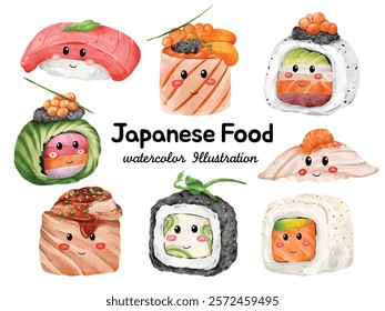 Watercolor Japanese Food Illustration - Cute Sushi Characters Including Nigiri, Maki Rolls, and Sashimi in Adorable Cartoon Style - Perfect for Asian Cuisine and Food-Related Designs