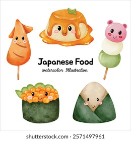 Watercolor Japanese Food Illustration – Hand-painted Collection of Kawaii Japanese Desserts and Snacks Featuring Ikura Sushi, Onigiri, Dango, Tamagoyaki, and Caramel Pudding