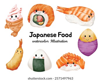 Watercolor Japanese Food Illustration – Hand-painted Sushi, Onigiri, Taiyaki, Tempura, Nigiri, Maki Roll, and Japanese Rice Balls with Cute Kawaii Faces – Perfect for Japanese Cuisine 