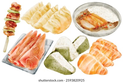 Watercolor Japanese Food Illustration Set, Traditional Cuisine, Sushi, Onigiri, Gyoza, Yakitori, Sashimi, Katsu Curry, Asian Street Food, Hand-painted, Realistic, Gourmet, Restaurant, Culinary Art