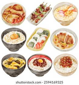 Watercolor Japanese Food Illustration Set, Traditional Cuisine, Rice Bowl, Sushi, Ramen, Bento, Yakitori, Oden, Donburi, Miso Soup, Curry Rice, Hand Painted, Realistic
