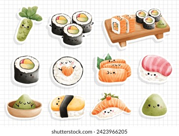 Watercolor Japanese Food, Sushi Sticker. Vector illustration