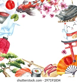 Watercolor Japanese frame. Round frame with hand draw Japanese objects:Torii gate,origami bird,Japan flag,lacky cat,Japanese lantern and fan,geisha shoes,bonsai tree,koi fish and cherry blossom.