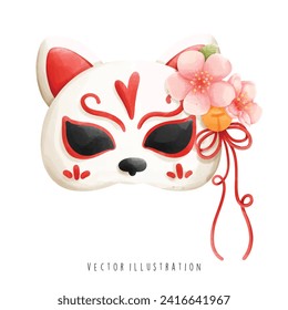 Watercolor of Japanese Kitsune mask, Japanese Culture. Travel and Landmark. Vector Illustration