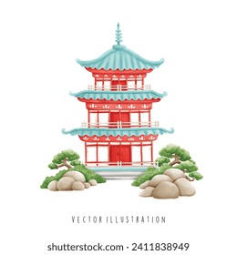 Acuarela de la Pagoda japonesa, monumento japonés, cultura. Ilustración vectorial 