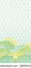 Watercolor Japanese pattern background with flax-leaf pattern  and clouds