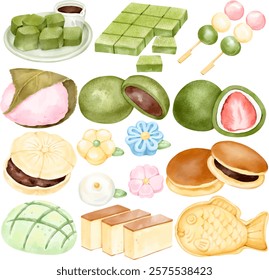 Watercolor Japanese Sweets Illustration: Featuring Matcha Mochi, Sakura Mochi, Dango, Dorayaki, Taiyaki, Wagashi, and Other Traditional Desserts for Creative Food-Themed Designs and Culinary Art