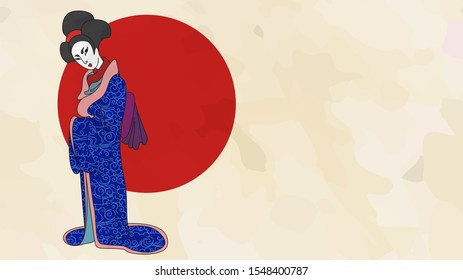 Watercolor japanese woman in kimono, geisha, japanese traditional painting