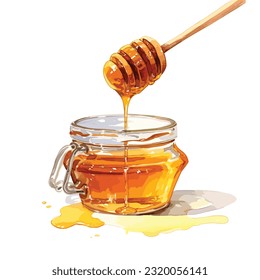 watercolor jar with honey with wooden spoon vector, isolated on white background, vector honey, vector honey illustration