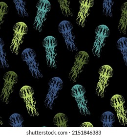 watercolor jellyfish seamless pattern  Night galaxy mix with watercolor jelly fishes in bright style vivid blue purple violet isolated on dark background