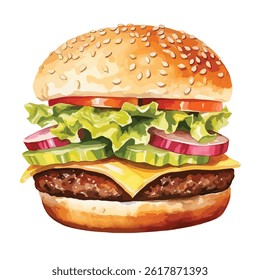 watercolor A juicy hamburger with melted cheese and vegetables illustration	