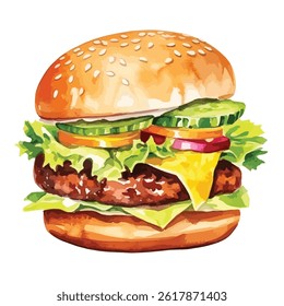 watercolor A juicy hamburger with melted cheese and vegetables illustration	