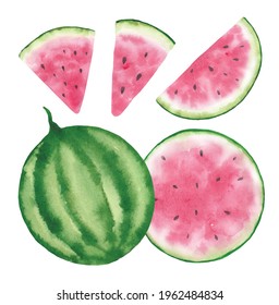 Watercolor juicy watermelon slice closeup isolated on white background. Watercolor hand drawn illustration.