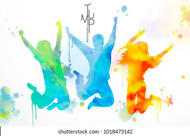 Watercolor jumping people, young boys and girls in victory pose with watercolor paint strokes