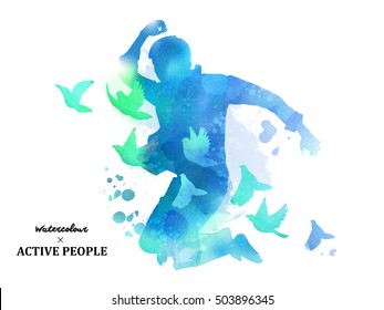 Watercolor jumping silhouette, young boy jumping with pigeons around him in watercolor style. Blue tone.