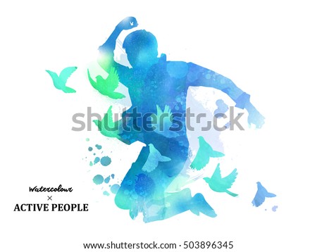 Watercolor jumping silhouette, young boy jumping with pigeons around him in watercolor style. Blue tone.