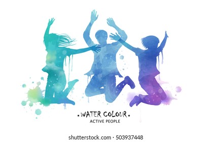 Watercolor jumping silhouette, young people jumping high in watercolor style. Blue and purple tone.