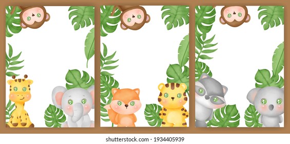 Watercolor Jungle animals cards set.