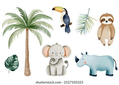 Watercolor jungle animals and palm tree. Wild african elephant, rhinoceros, sloth, toucan. Hand drawn safari set.