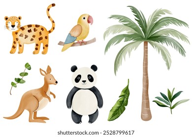 Acuarela de animales de la selva y palmera. Panda salvaje, loro, canguro, leopardo. Conjunto de safari dibujado a mano.