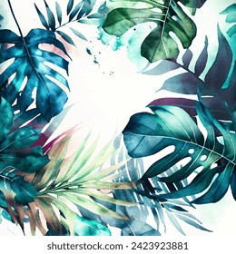 Watercolor jungle background, vibrant colors and intricate details create a lush and inviting atmosphere. Watercolor vector art is perfect for invitations, greeting cards, website design, social media