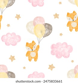 Watercolor kawaii cute fox with pink balloons in the sky with golden stars, kids seamless pattern background