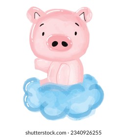 watercolor kawaii sleepy pig in the cloud and moon