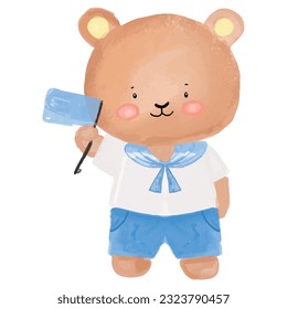 watercolor kawaiii sailor bear isoalted on white background