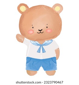 watercolor kawaiii sailor bear isoalted on white background