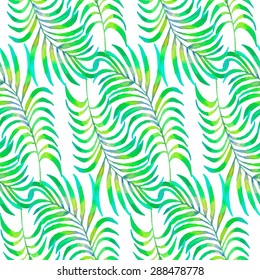 Watercolor Kentia Palm Leaf seamless exotic pattern on white background. Watercolor texture. Cloth & rug design. Yellow, Green & White vector backdrop. 